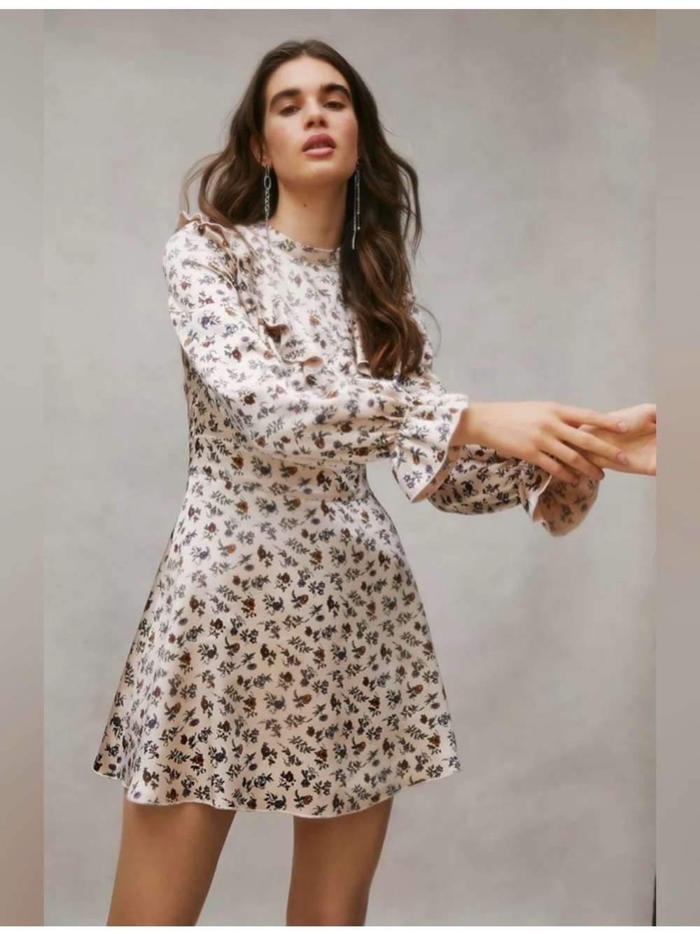 Floral Long-Sleeve Mini Dress in Cream